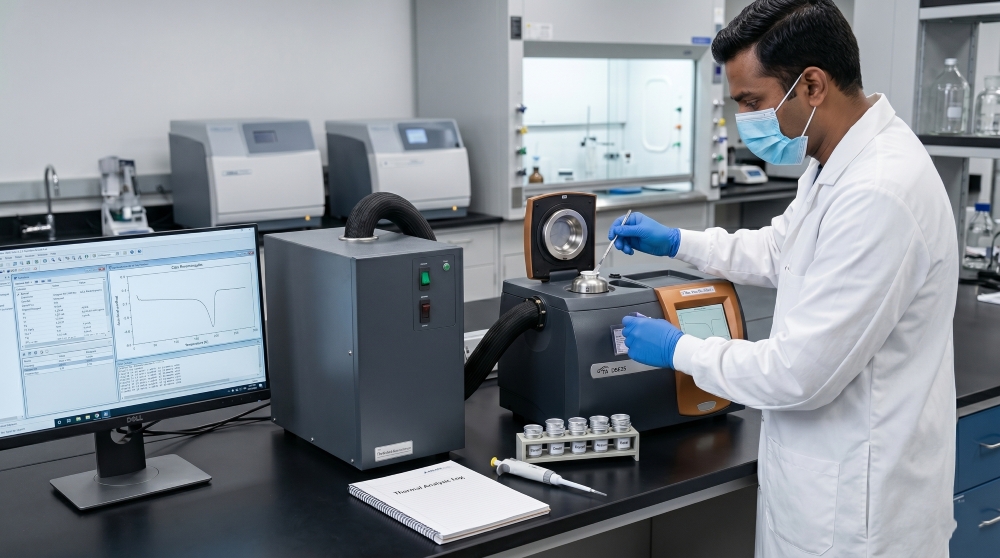 Differential Scanning Calorimeter at Auriga Research Manesar — research-grade DSC used for polymorph screening, melting point, Tg, and API-excipient compatibility per ICH Q6A.