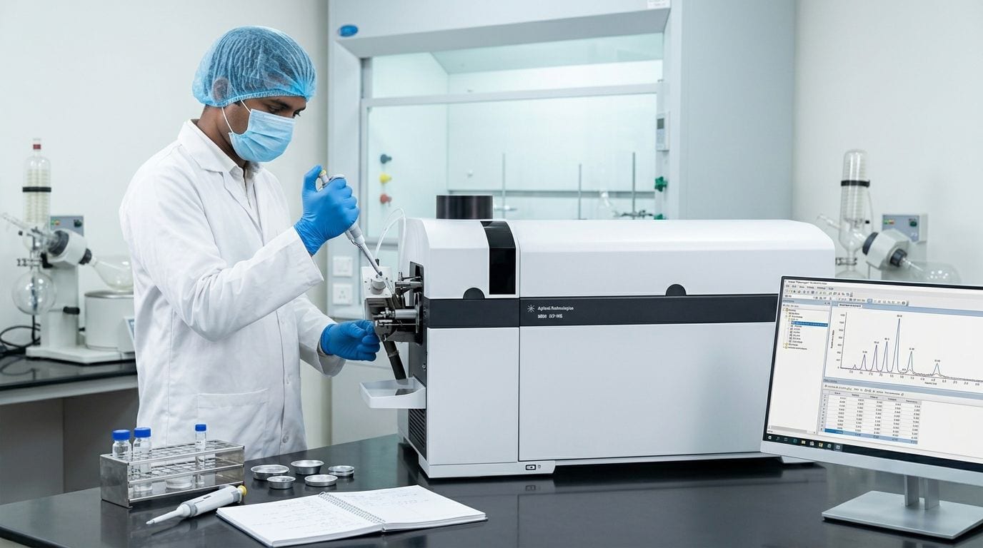 Auriga Research analyst loading a sample into an Agilent ICP-MS — used for ICH Q3D(R2) elemental impurity testing across all 24 target elements in a single run.
