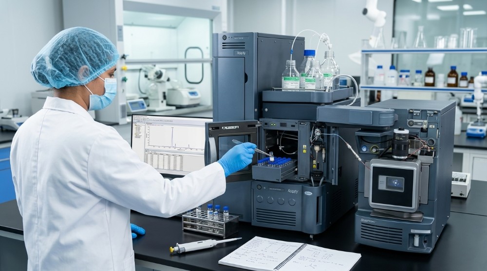 Auriga Research analyst operating an Agilent LC-MS/MS system — triple quadrupole MRM mode used for ICH M7 nitrosamine and NDSRI testing per the FDA Guidance Revision 2 (September 2024).