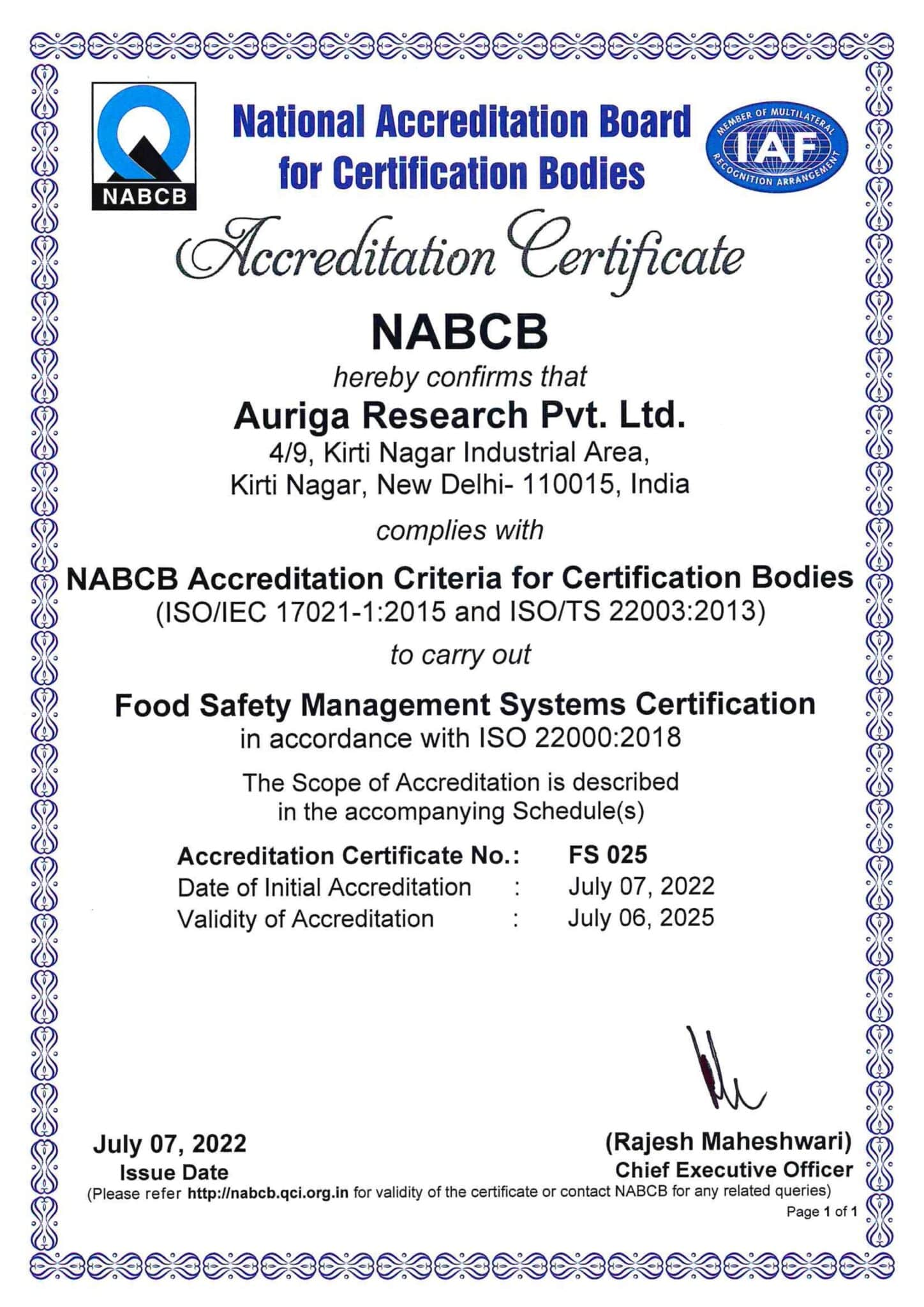 Auriga_FSMS Accreditation certificate